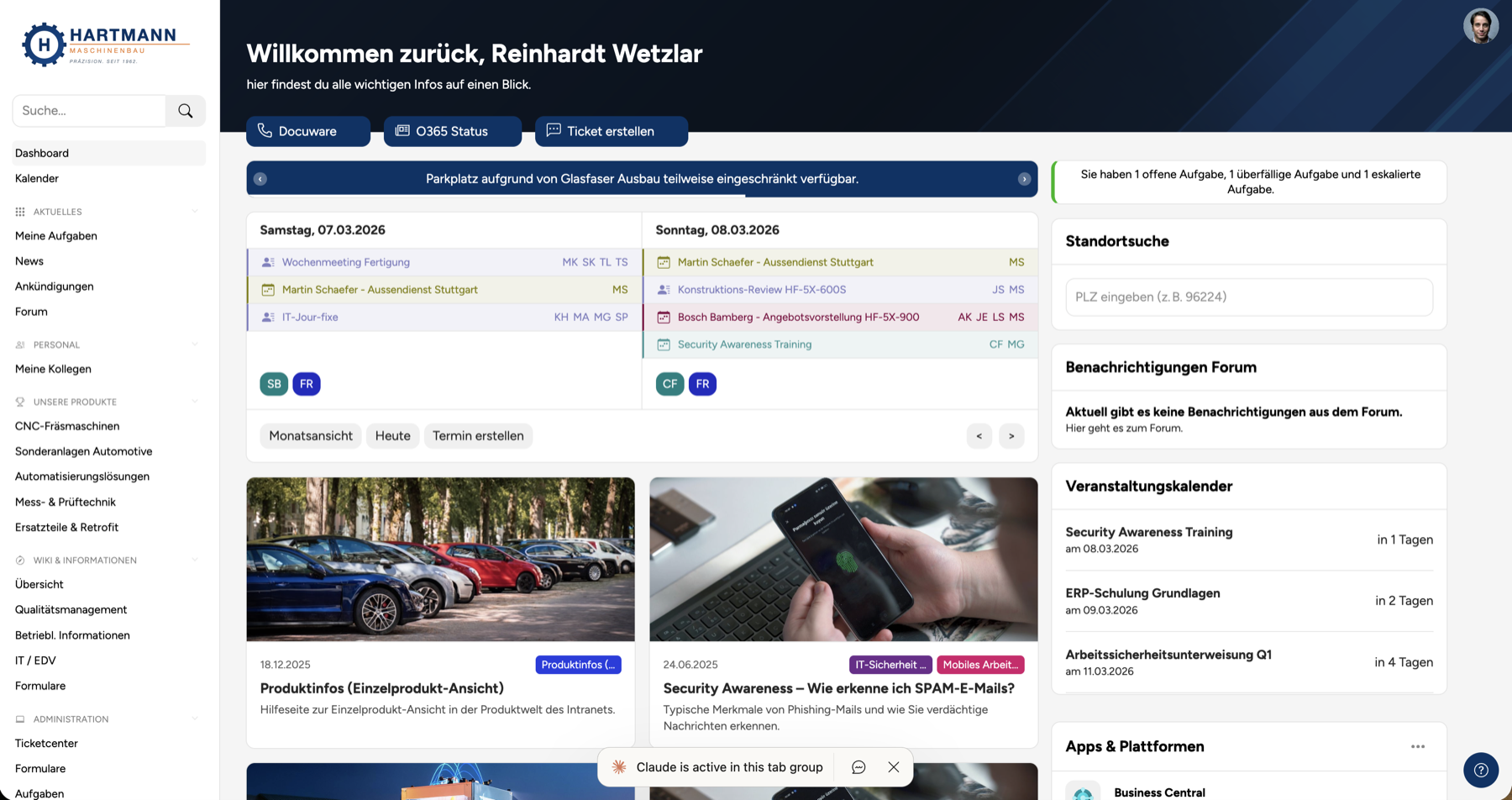 MySyde Intranet Dashboard — Willkommensseite mit News, Aufgaben und Kalender